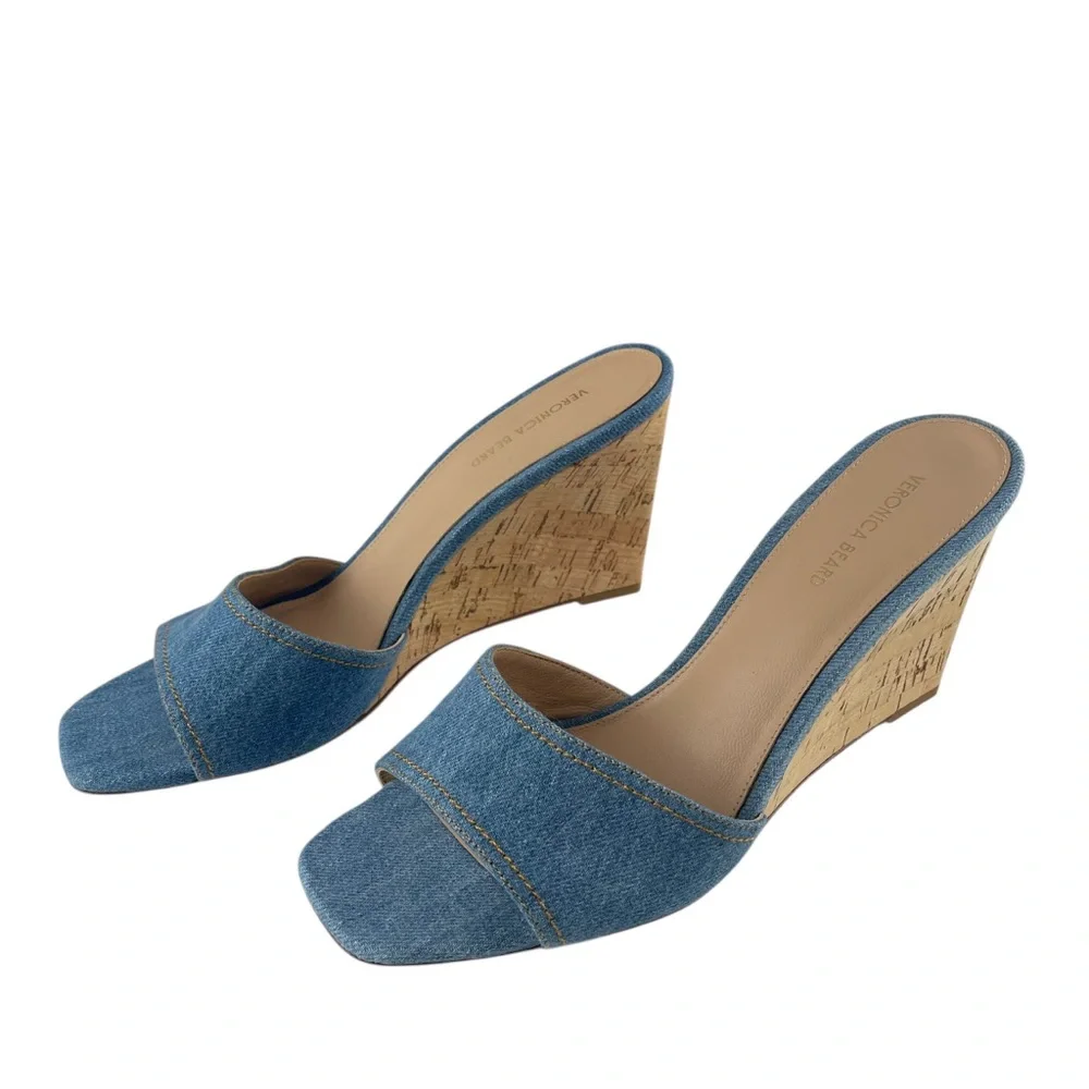 Veronica Beard Ellen Wedge Slide Blue Denim Wedge Sandals Sz. 8.5